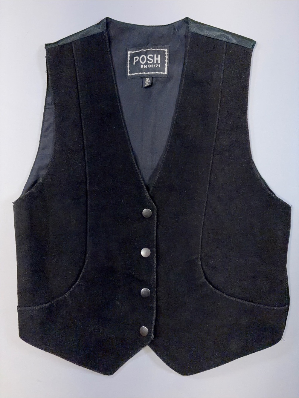 Vintage 90s POSH Black Suede Leather Western Vest Snap Front Pockets D-Ring Back